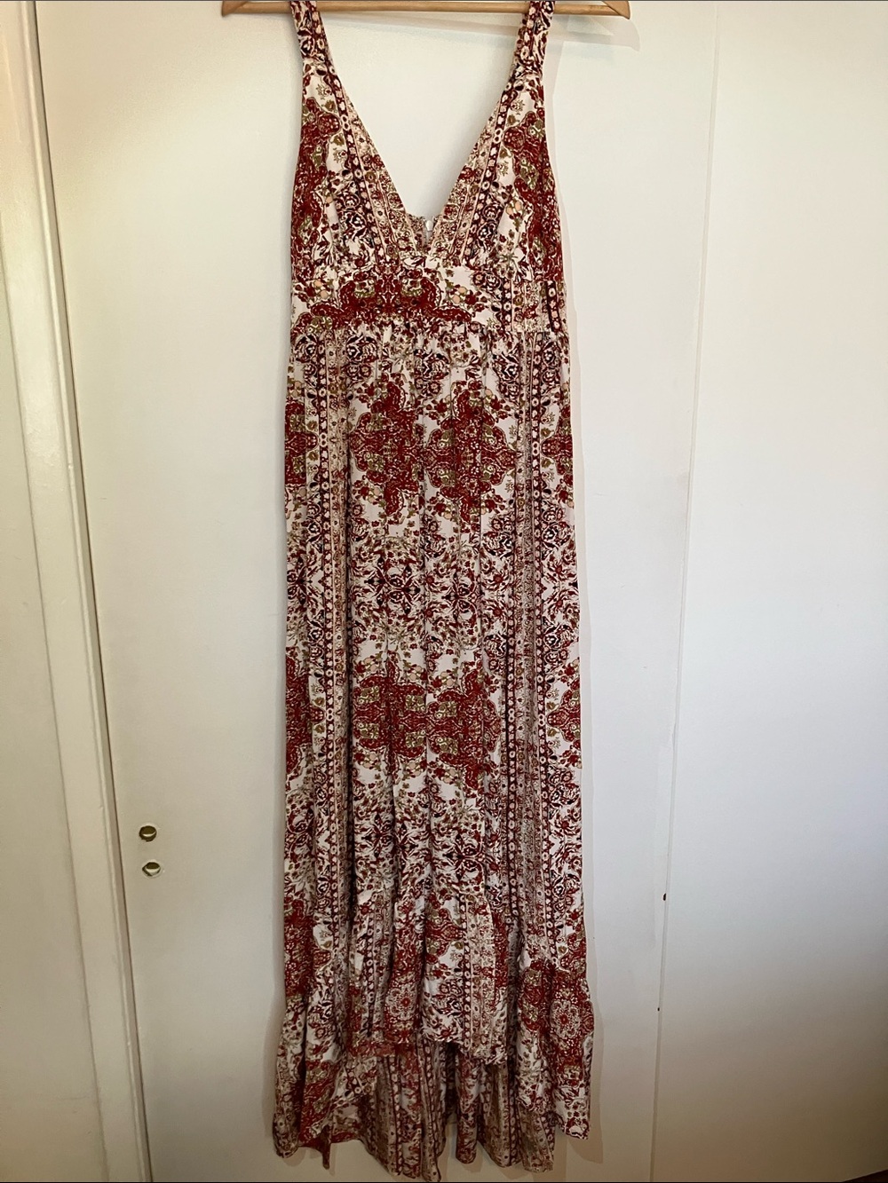 L'AGENCE Red and White Paisley V-Neck Maxi Dress